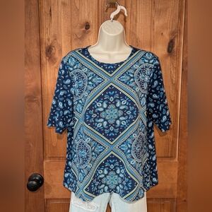 Lands' End Navy Paisley Short Sleeve Top